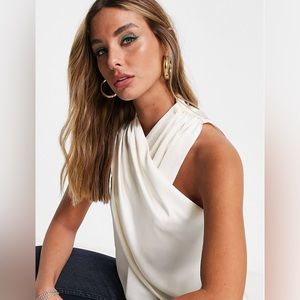 White Wrap Front Sleeveless Satin Blouse with Pleat Shoulder Sz 4 New